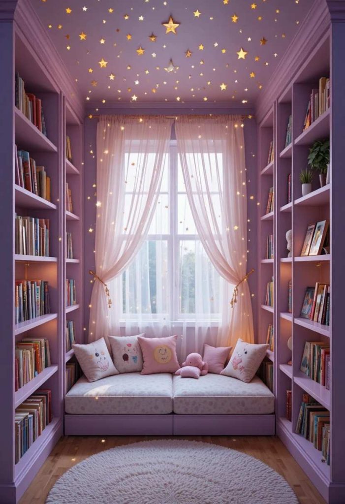 DIY kids reading nook from two painted lavender bookcases with fairy lights, cushioned floor seat and face-out book display