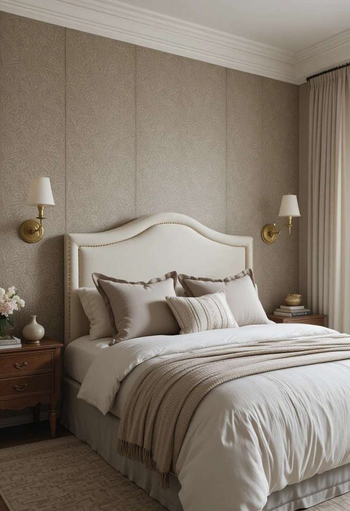 Bedroom feature wall in taupe grasscloth wallpaper behind a cream upholstered headboard