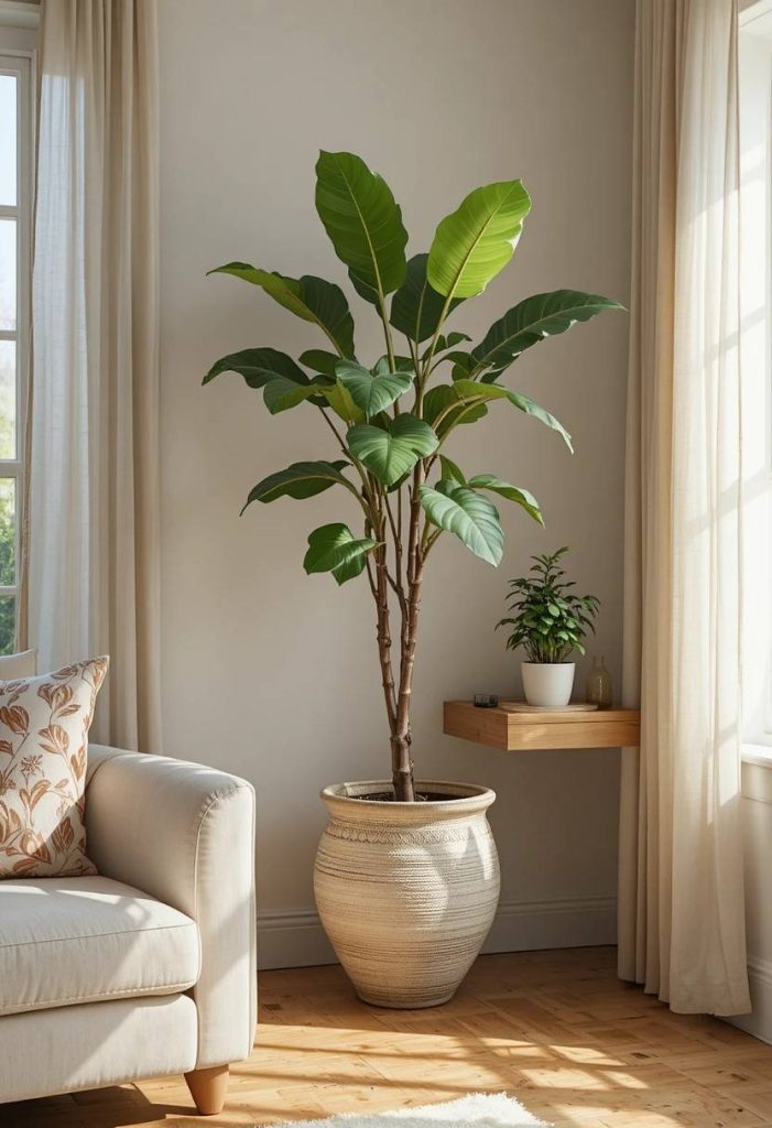Tall fiddle leaf fig plant in textured pot beside beige sofa in a bright small living room.