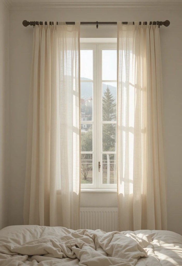 Sheer cream linen curtains diffusing soft morning light in cozy small college bedroom window