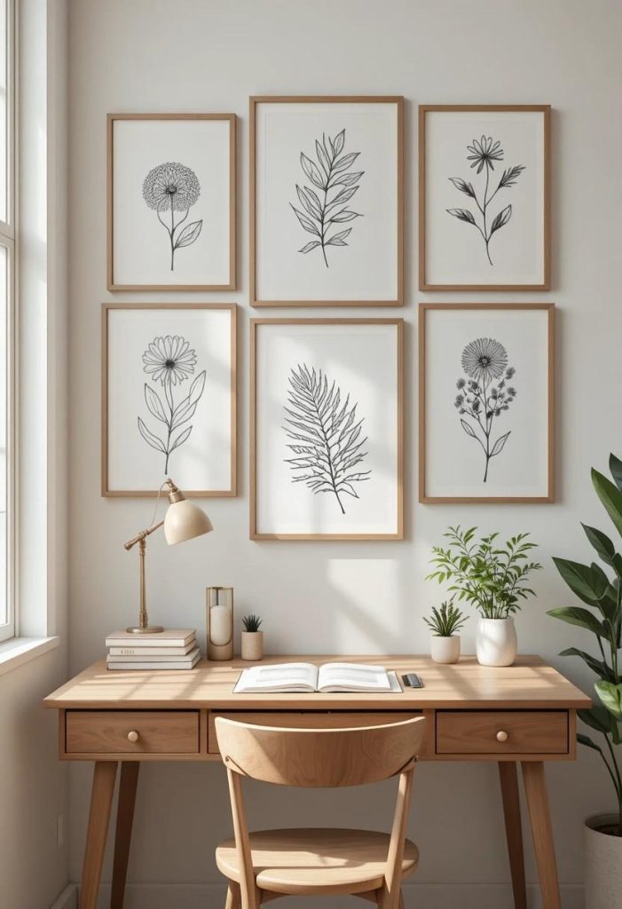 Free printable aesthetic wall art prints in wood frames above desk in budget college bedroom