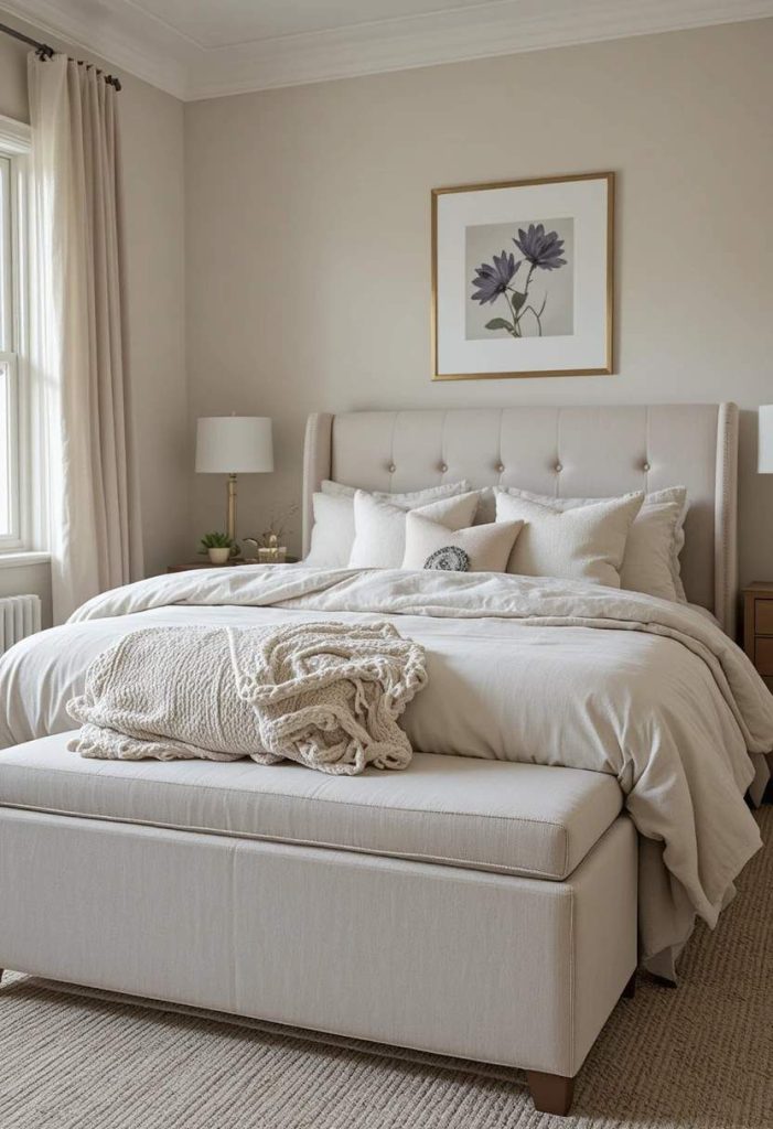 Cream upholstered storage bench at foot of bed in college apartment bedroom