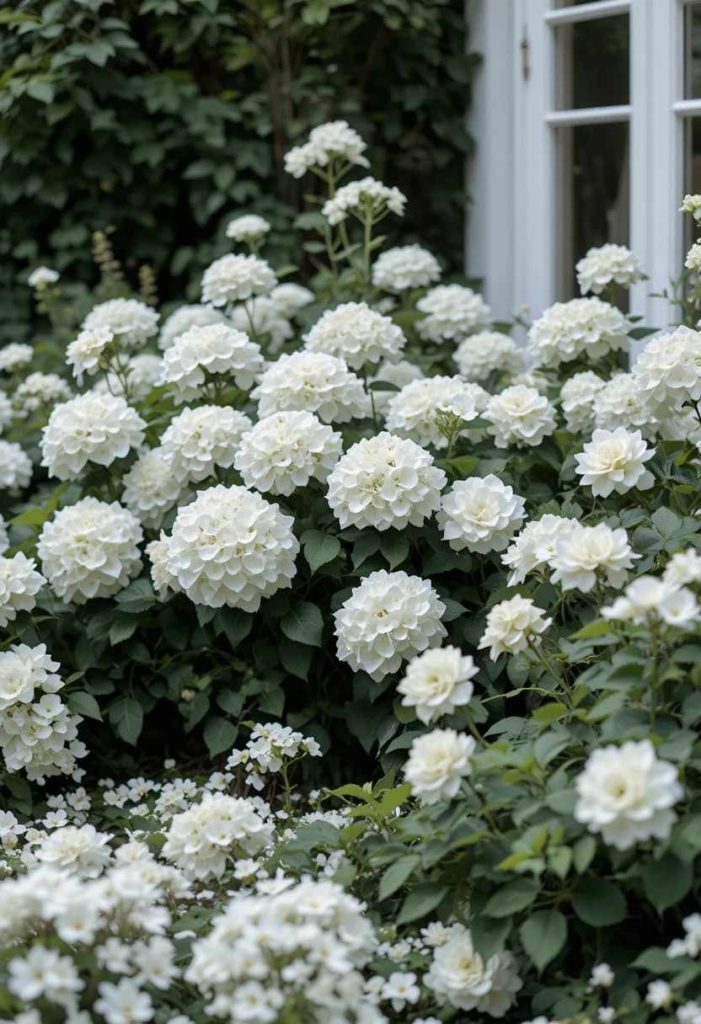 Green-and-white minimalist front yard with white hydrangeas and roses