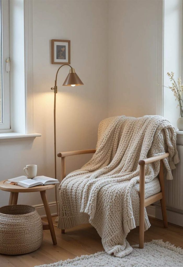 Chunky oatmeal knit throw draped over a wooden armchair in a cozy Scandinavian reading nook.