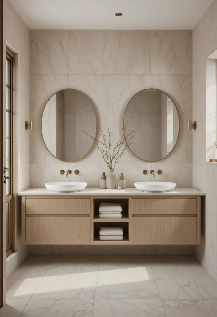 Minimalist double sink bathroom with clean lines and neutral decor.