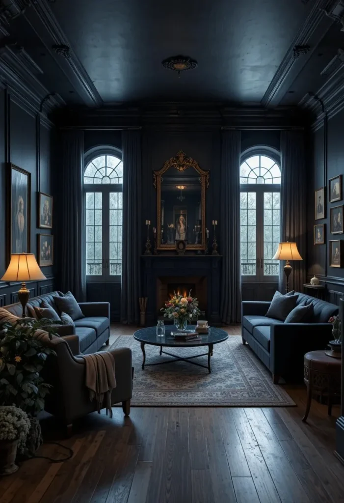 Dark moody sunken living room with cozy dramatic lighting.