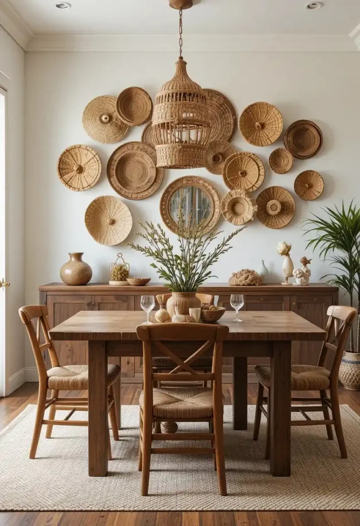 Dining room wall decorated with woven baskets and earthy decor.