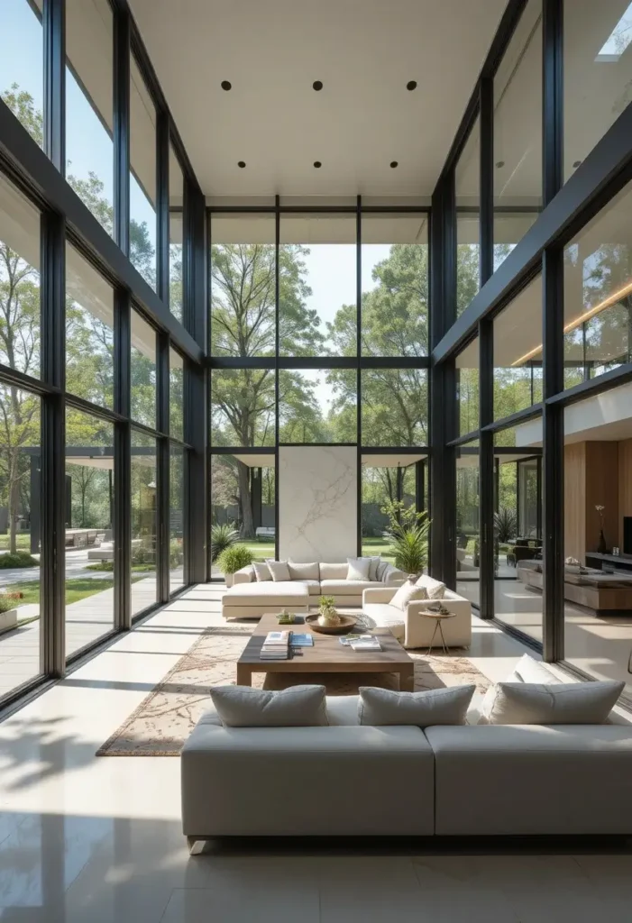 Glass-walled sunken living room filled with natural light and modern design.