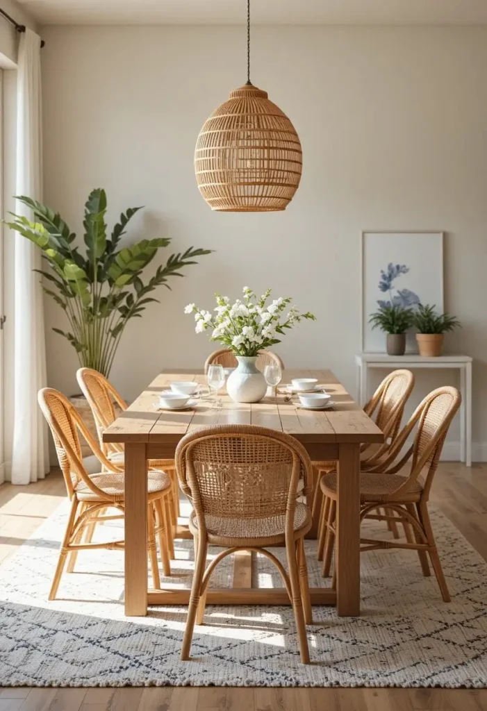 Rattan chairs around a wooden table in a boho dining room.