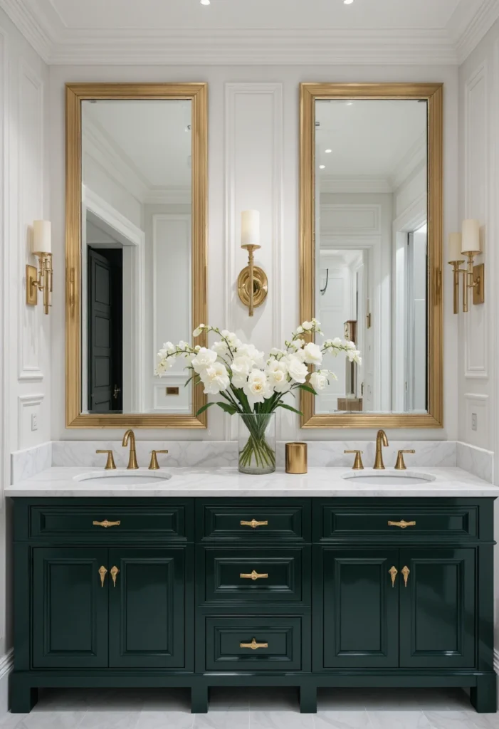 Dark green double vanity with gold accents and white quartz countertops.