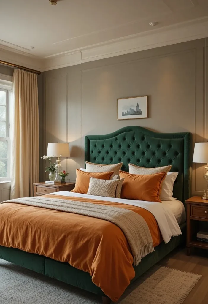 Forest green headboard with warm orange linen bedding and cozy decor