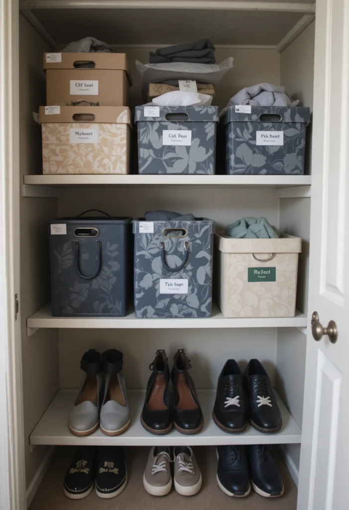 Seasonal shoe storage system with labeled boxes and organized closet layout