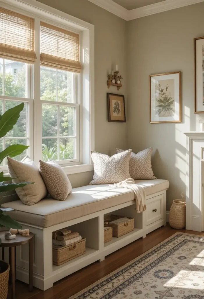 Storage bench with hidden toy compartments in a cozy living room.
