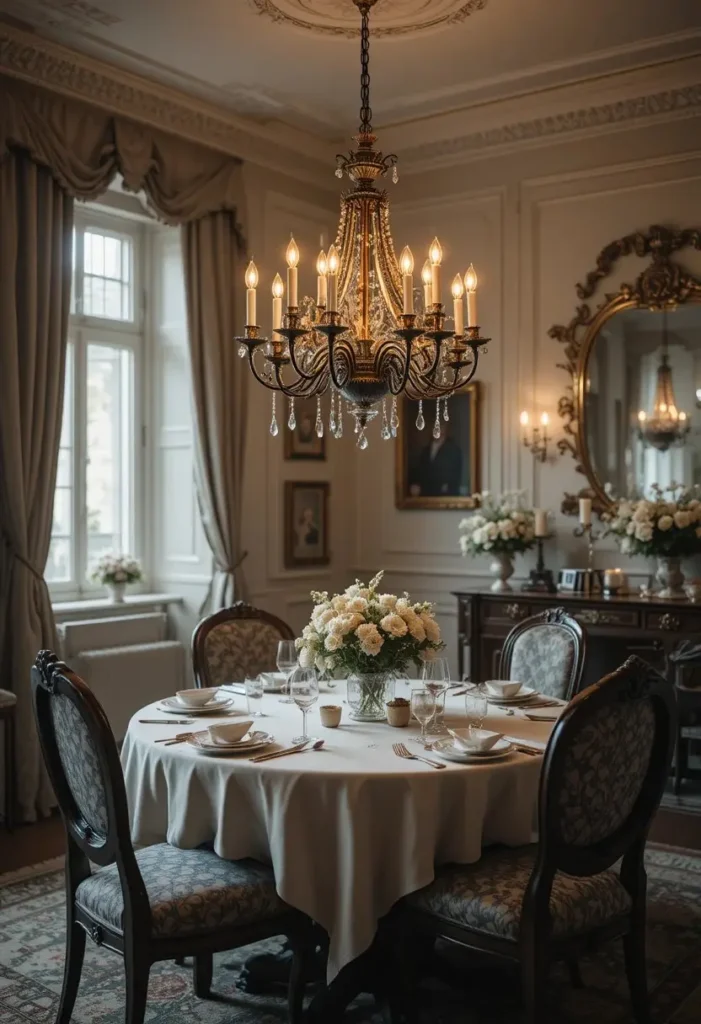 Candle-inspired chandelier creating romantic dining atmosphere