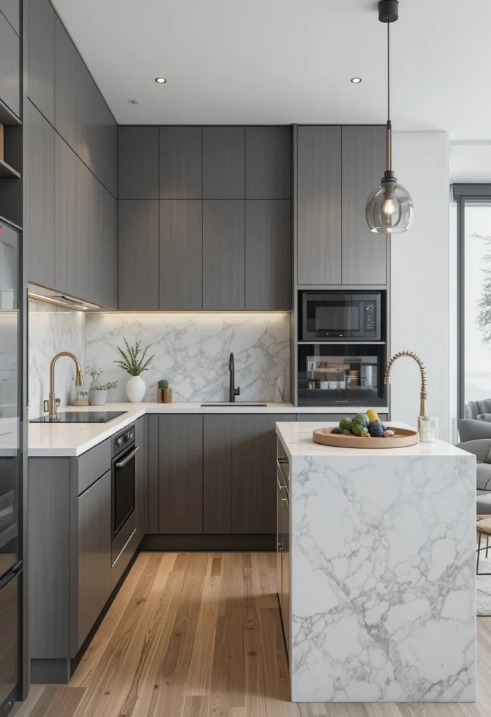 Small one wall kitchen with slim waterfall island design