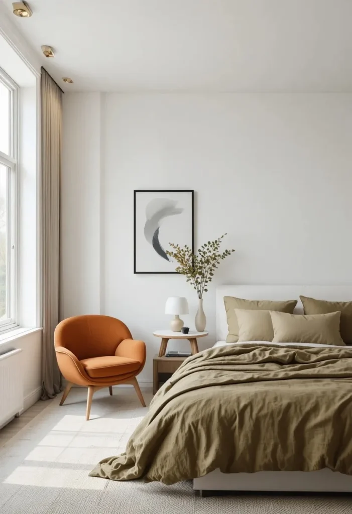 Minimal green and orange bedroom with clean modern styling