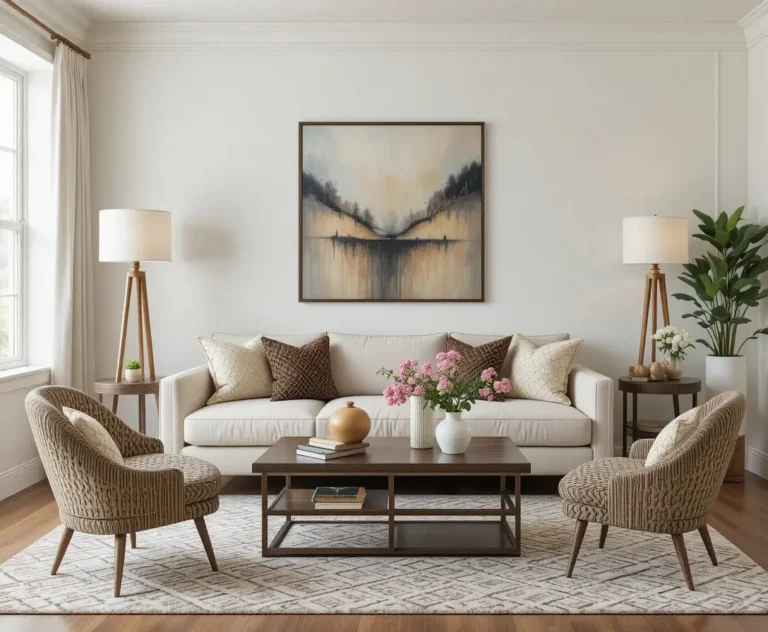 A living room with floor lamps living room look