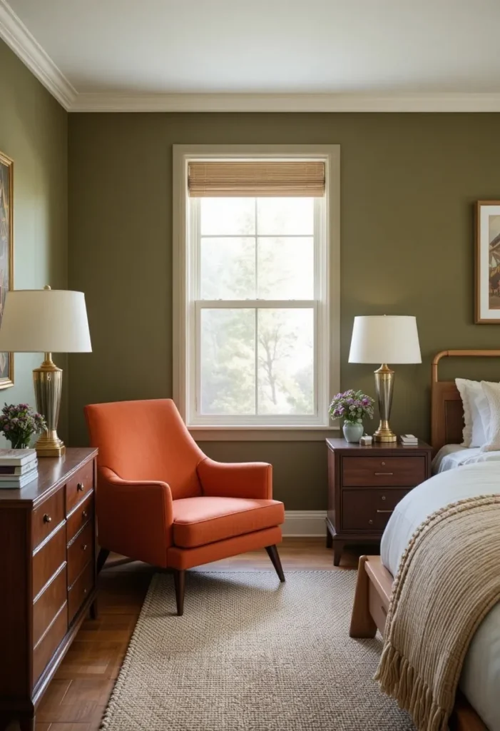Mid-century modern green and orange bedroom with retro decor