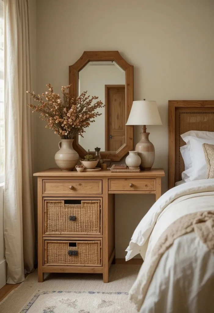 Natural wood and rattan dressing table in earthy bedroom