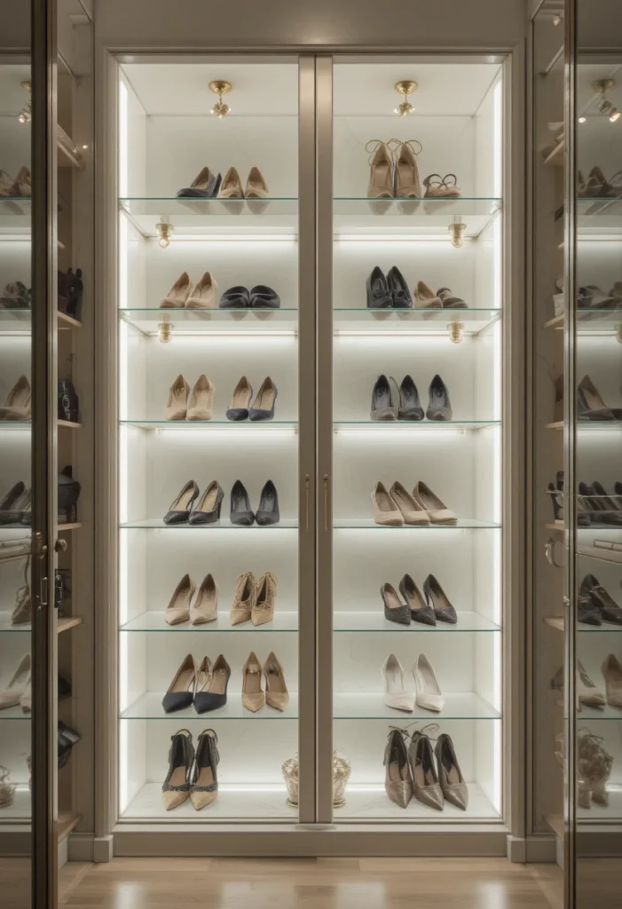 Glass shoe cabinet displaying stylish shoes in an elegant closet