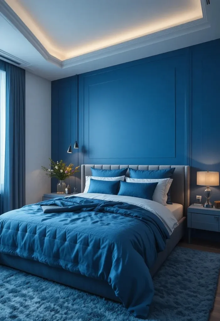 modern blue bedroom with clean lines and minimalist decor