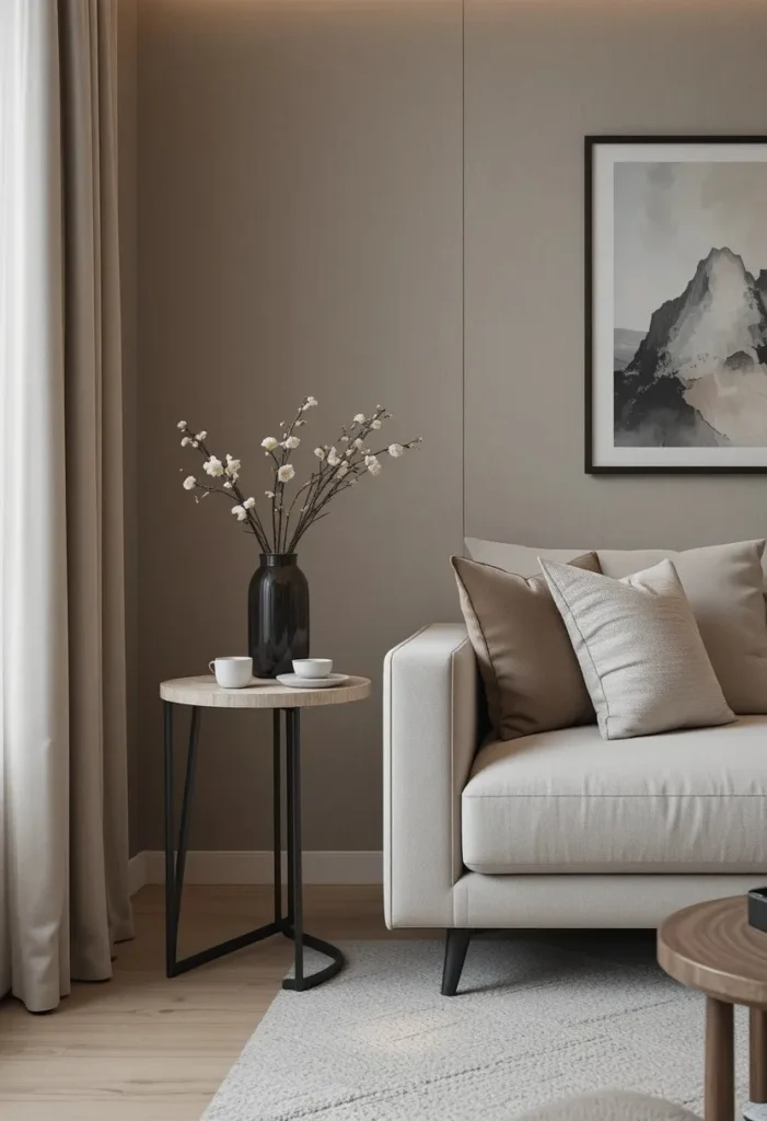 Slim C-shaped side table beside a living room sofa