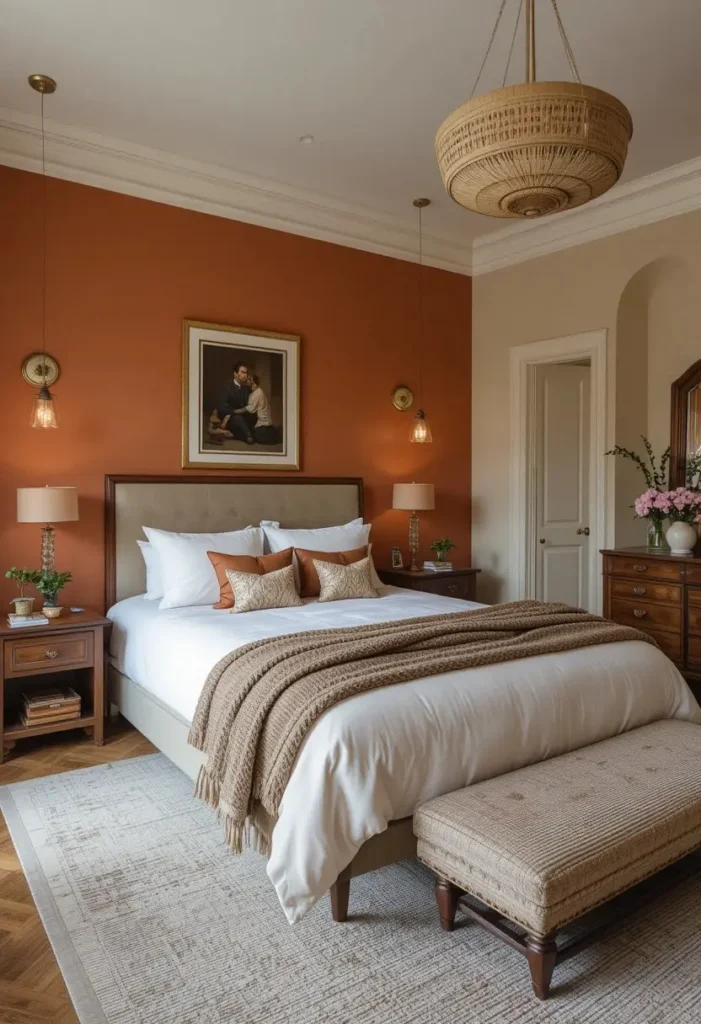 Burnt orange bedroom wall with cream bedding and warm wood decor.