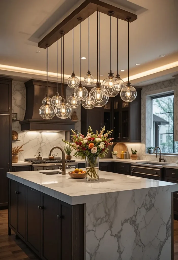Cluster pendant lights creating a designer look over kitchen island