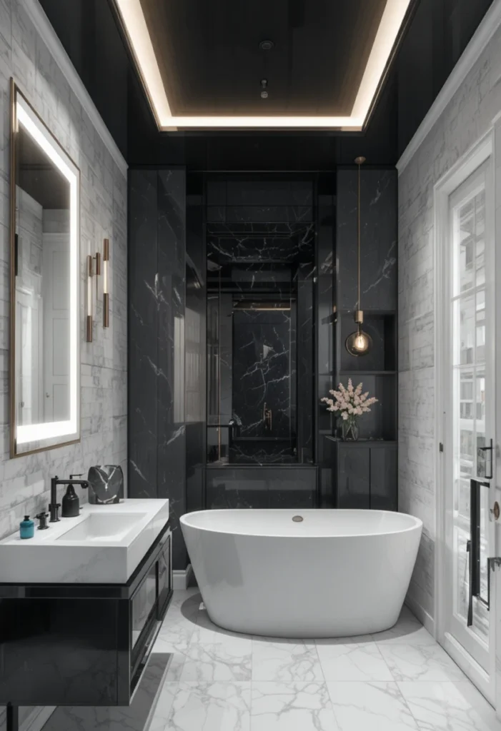 Modern bathroom with dramatic black ceiling and white walls