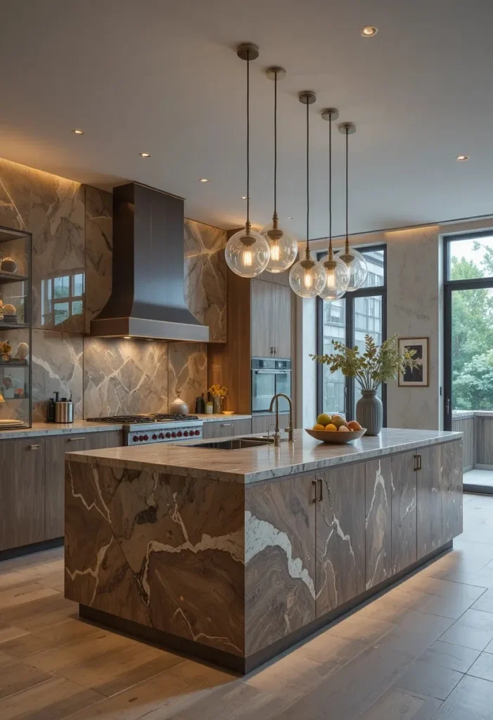 Mixed material kitchen island lighting adding depth and visual interest
