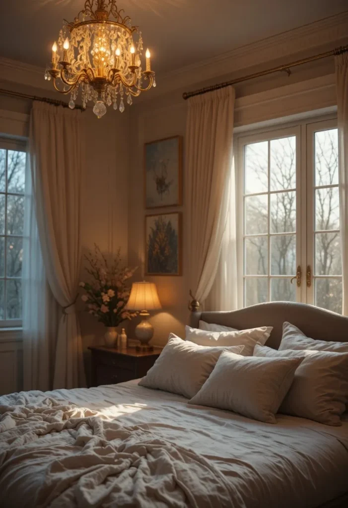 Warm ambient chandelier lighting in a cozy bedroom