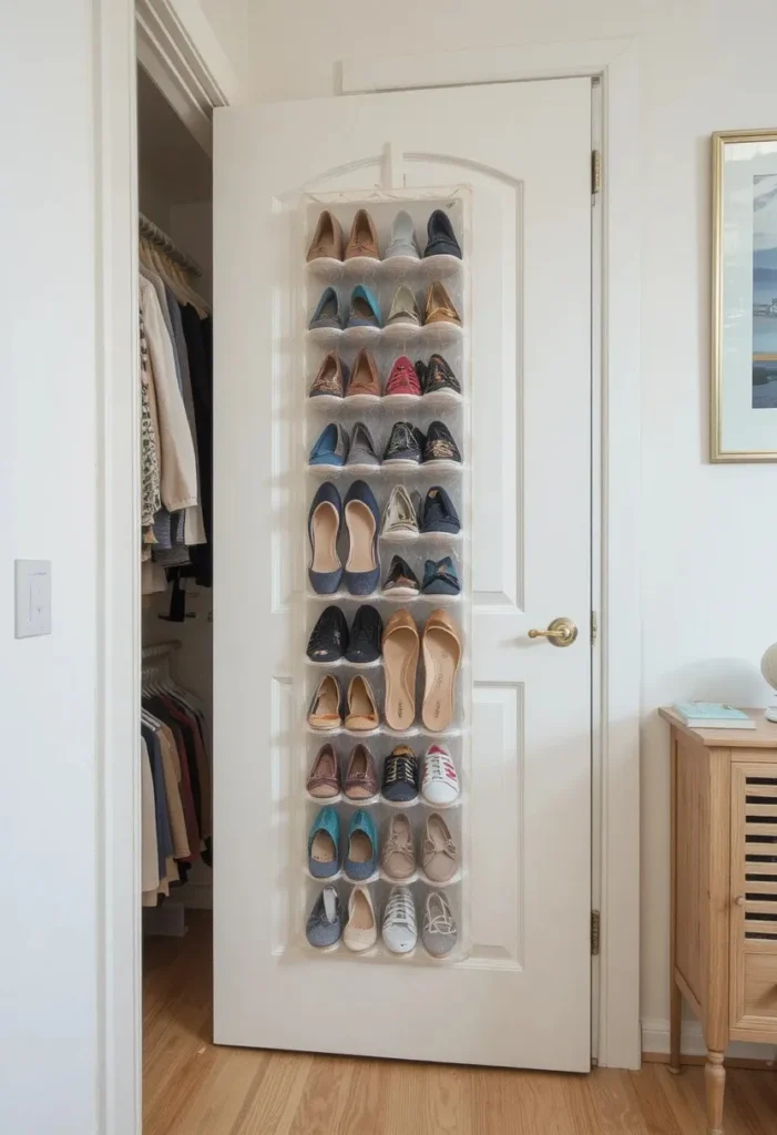 Over-the-door shoe storage rack maximizing closet space