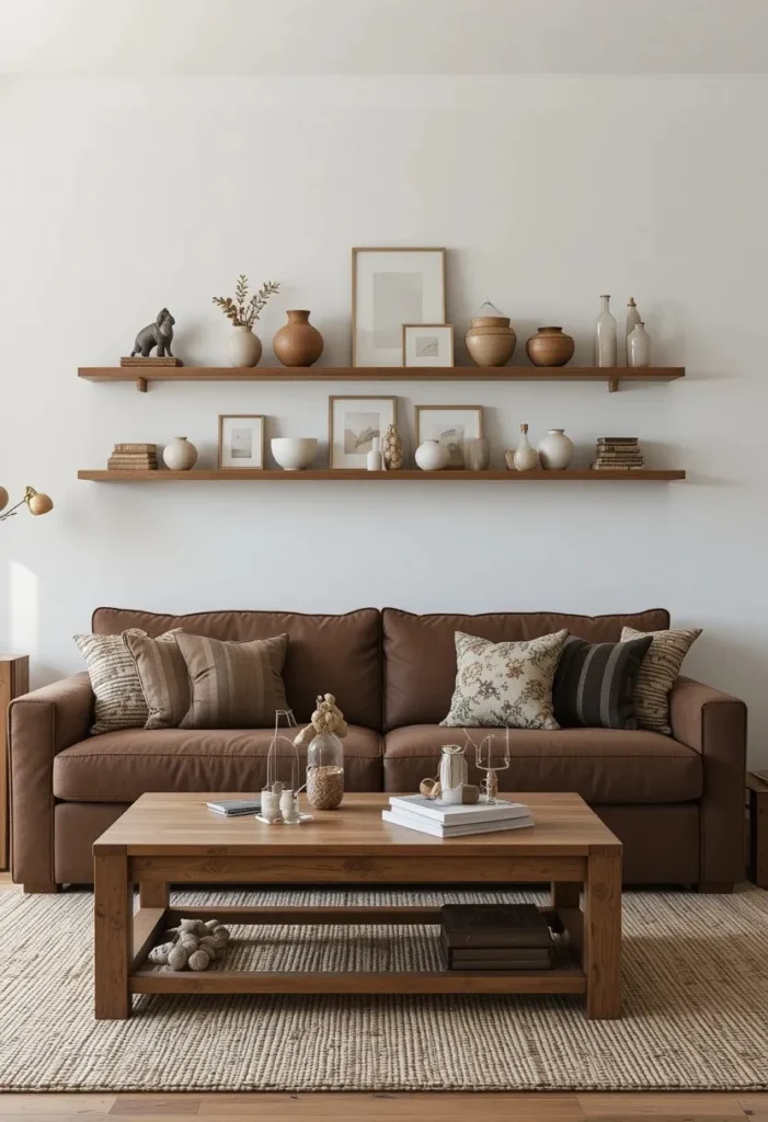 Brown couch paired with warm wood furniture