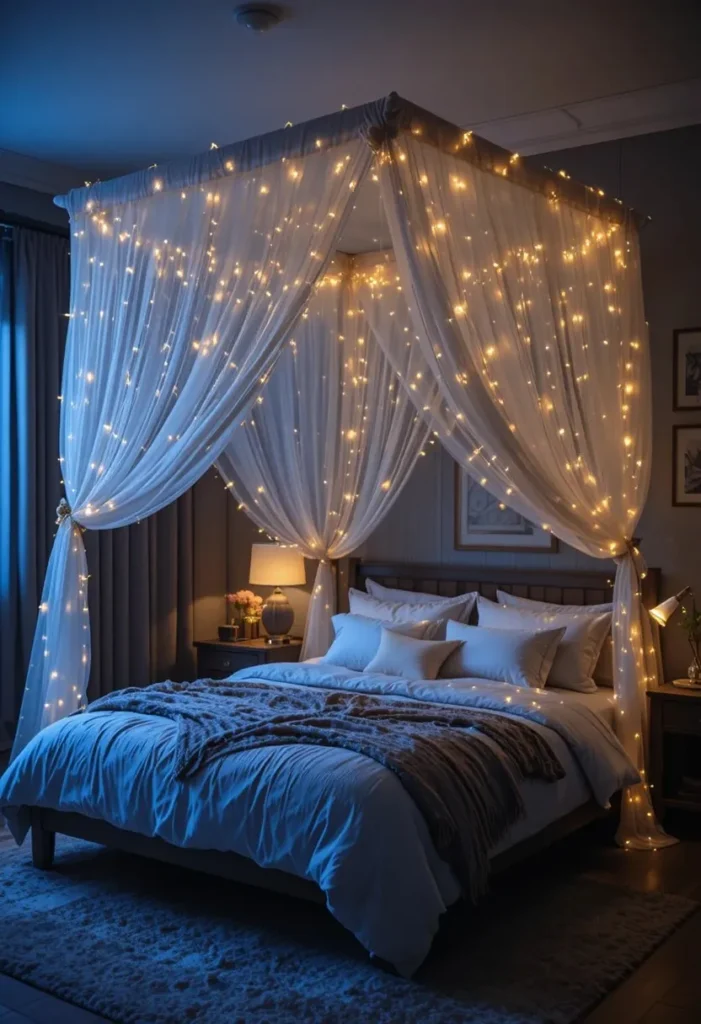 cozy canopy bed ideas with fairy lights for warm relaxing bedroom