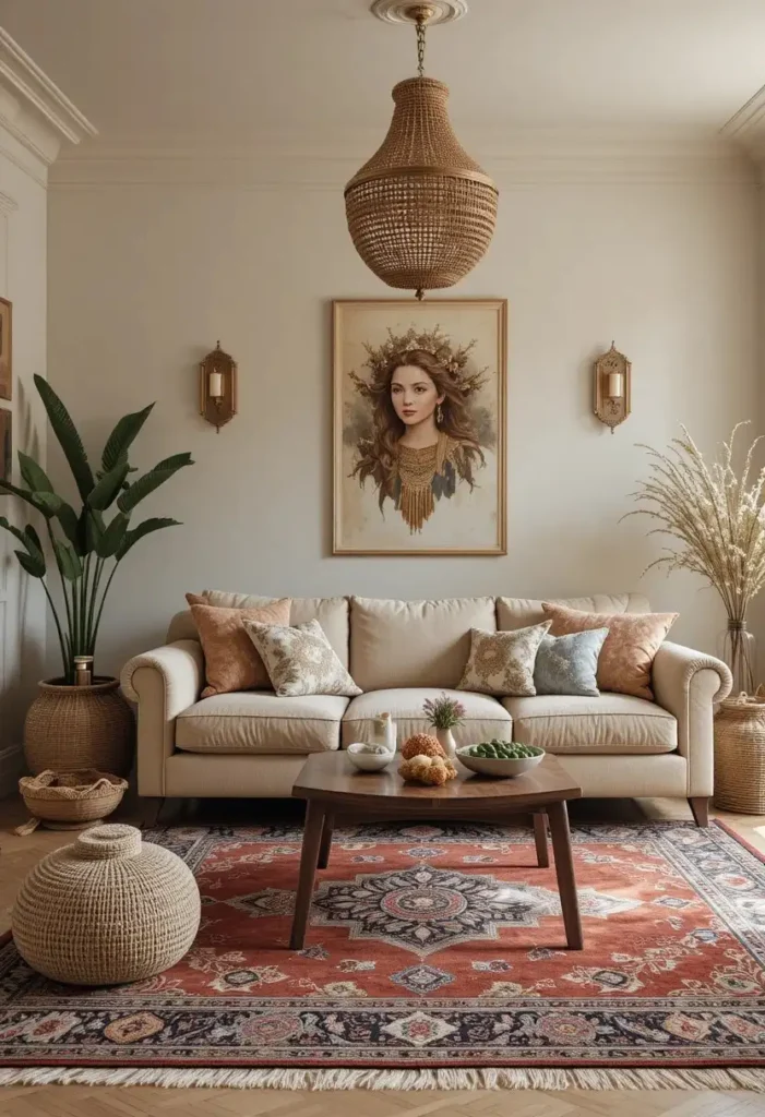 Vintage earthy rug in a boho living room