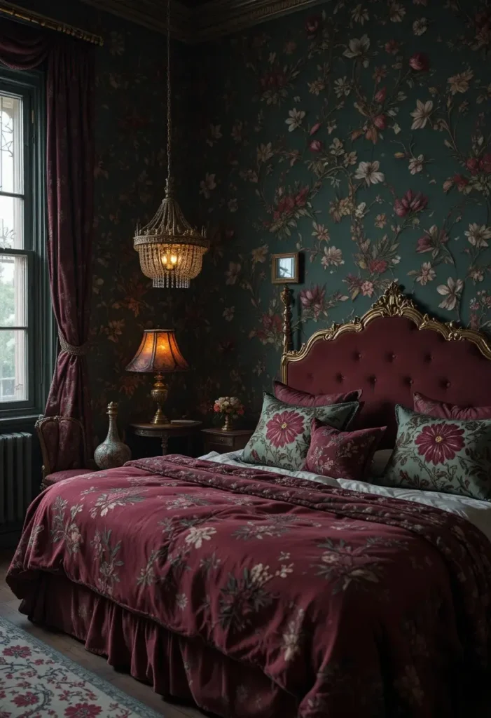 dark floral moody bedroom ideas for romantic and vintage bedroom style
