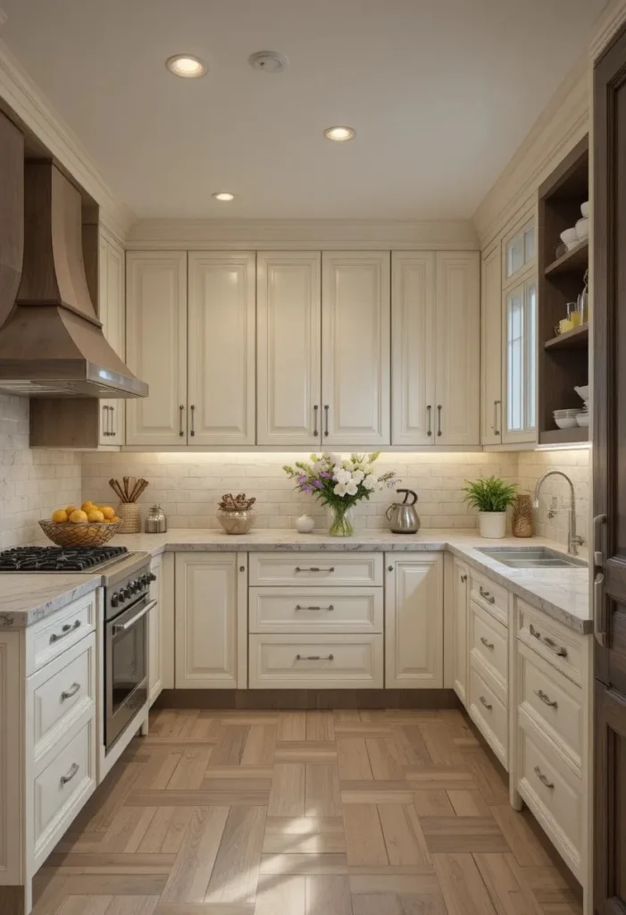 U-shaped kitchen with island and maximum storage layout.