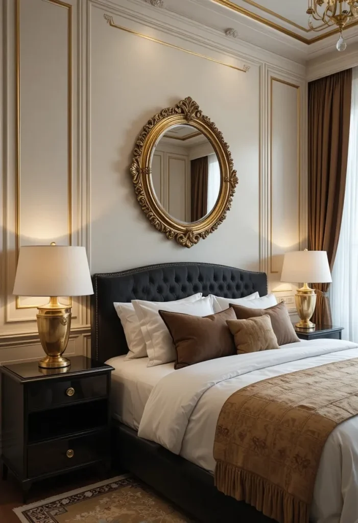 Warm metallic accents in a black and brown bedroom