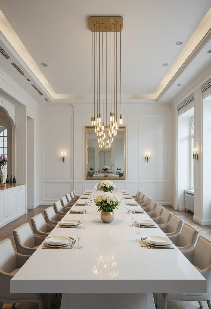 Linear chandelier evenly lighting a modern dining table setup