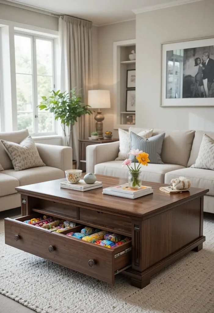 Wooden coffee table with hidden toy storage in a stylish living room.