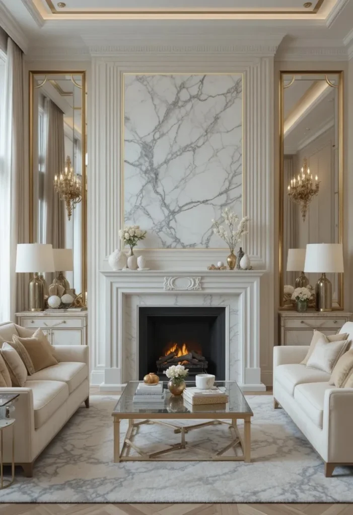 Elegant marble fireplace in luxury living room.