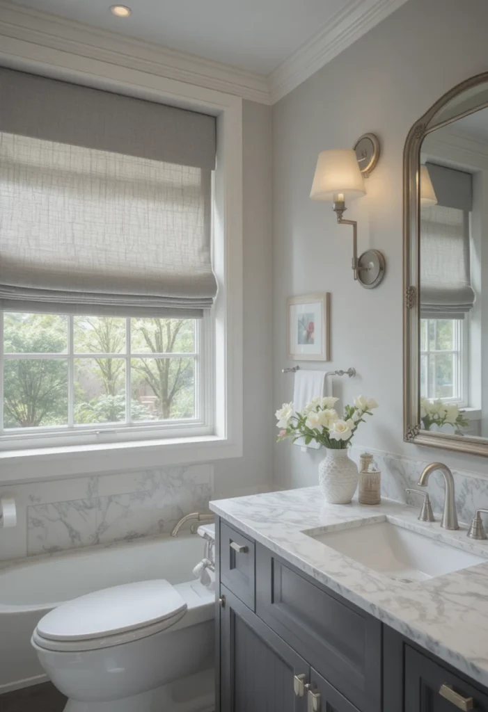 Modern bathroom featuring elegant gray roman shades and minimalist decor.