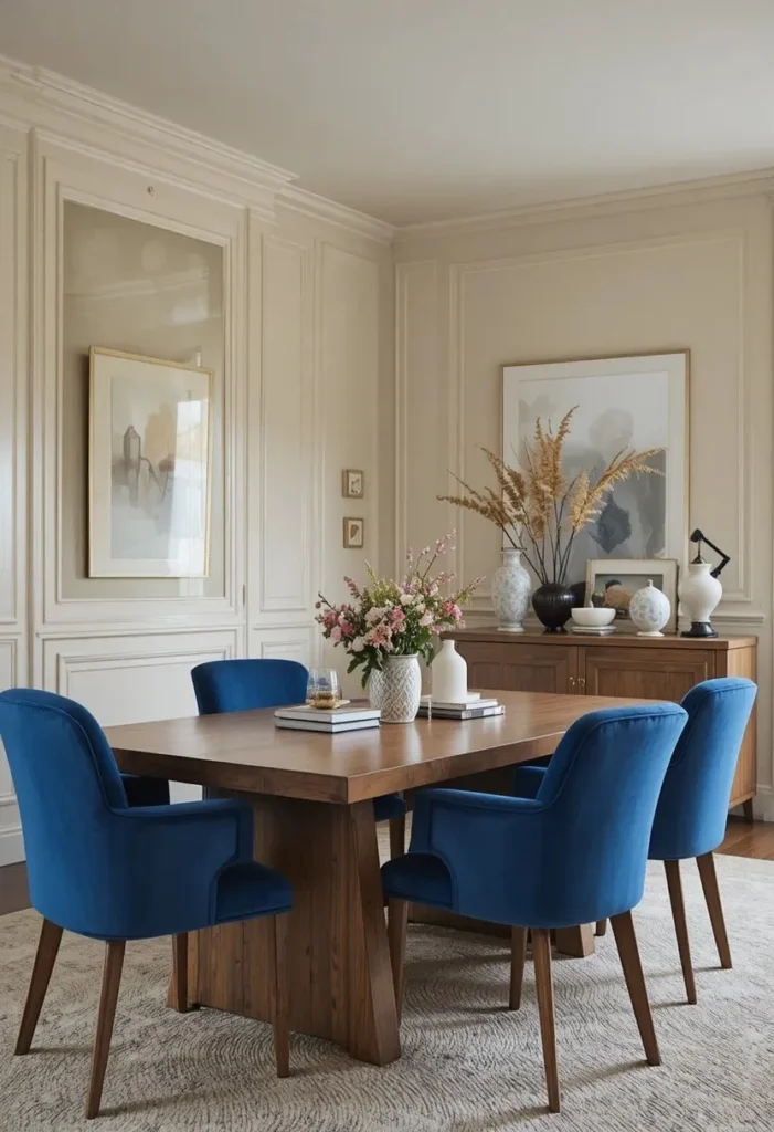 Neutral dining room with blue chairs adding a soft pop of color