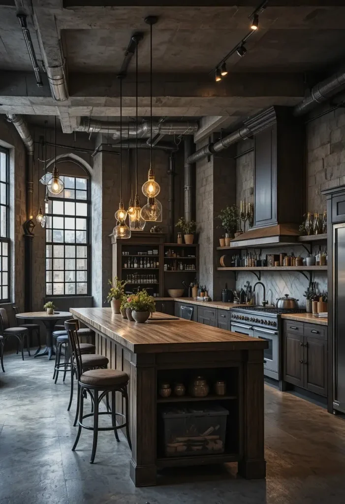Industrial kitchen island lighting with exposed bulbs and raw textures