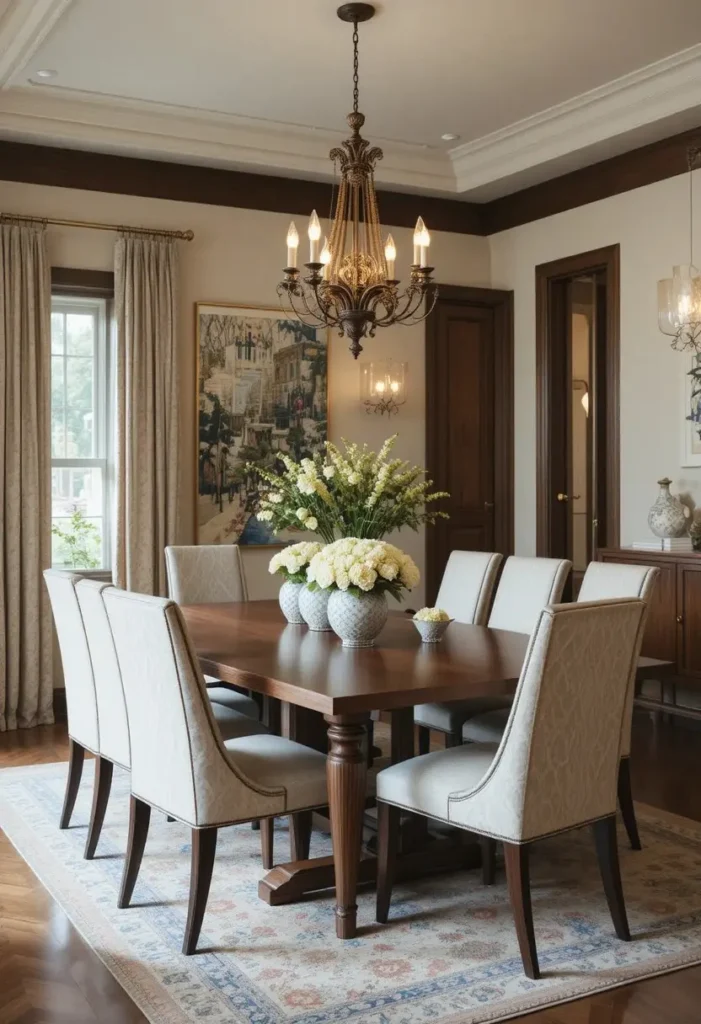 Dark wood dining table adding depth and elegance to the dining room