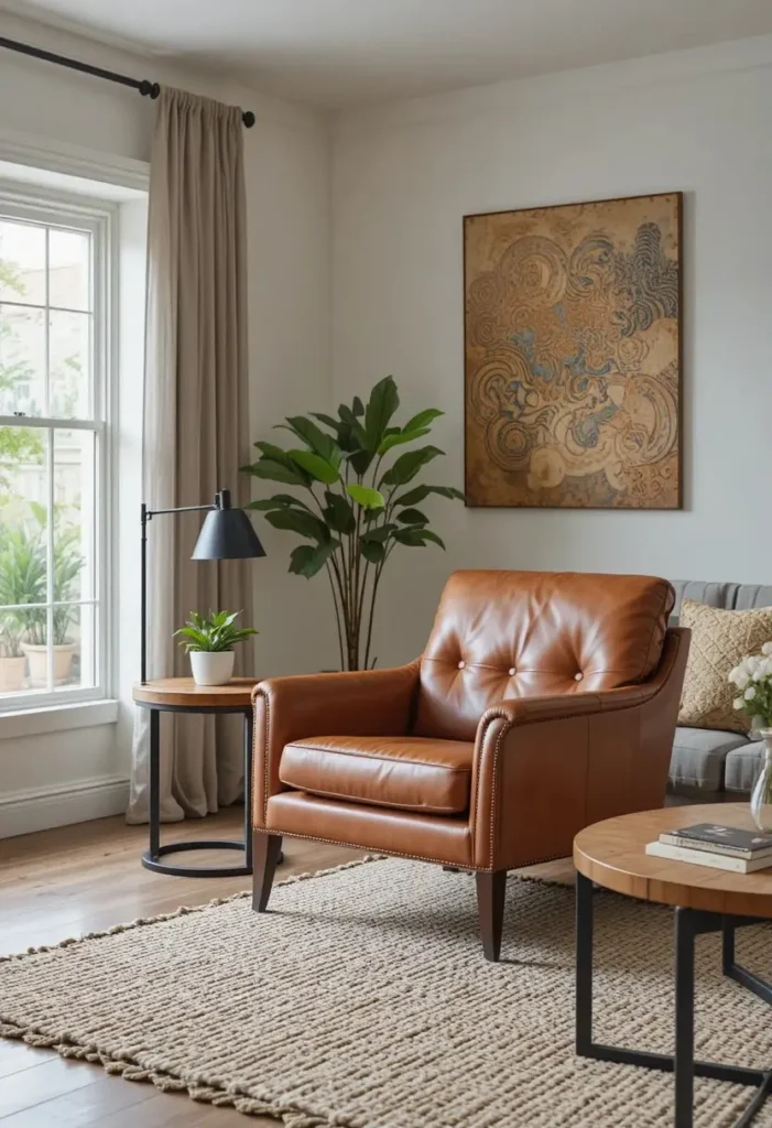 Cognac leather accent chair in a warm modern farmhouse living room.