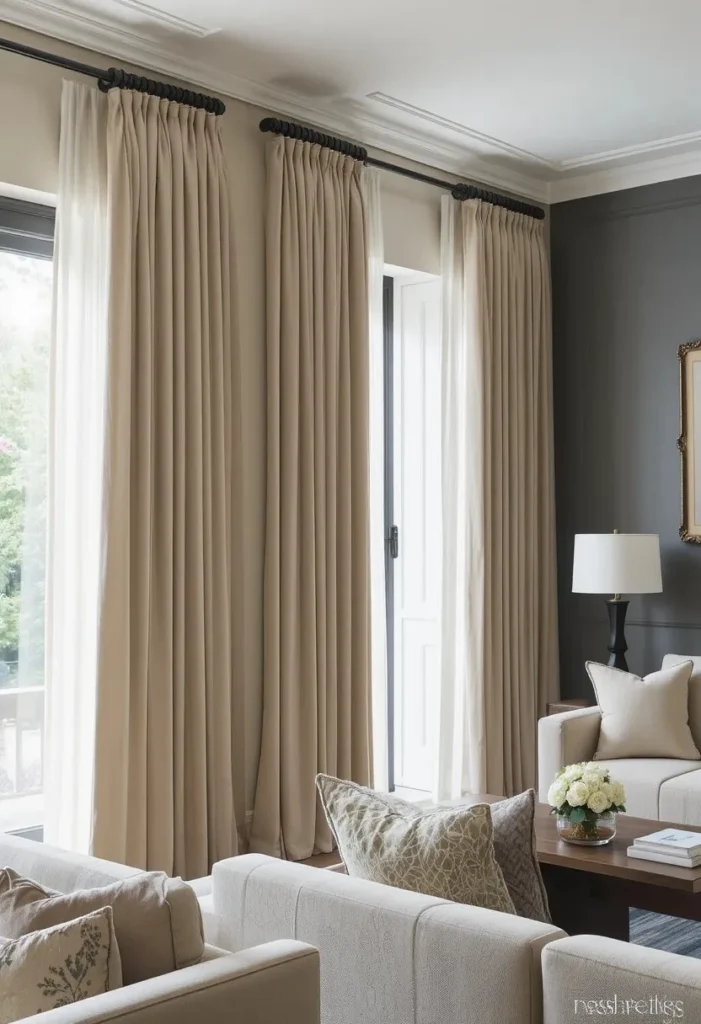 Beige curtains with black rods in a modern cozy living room.