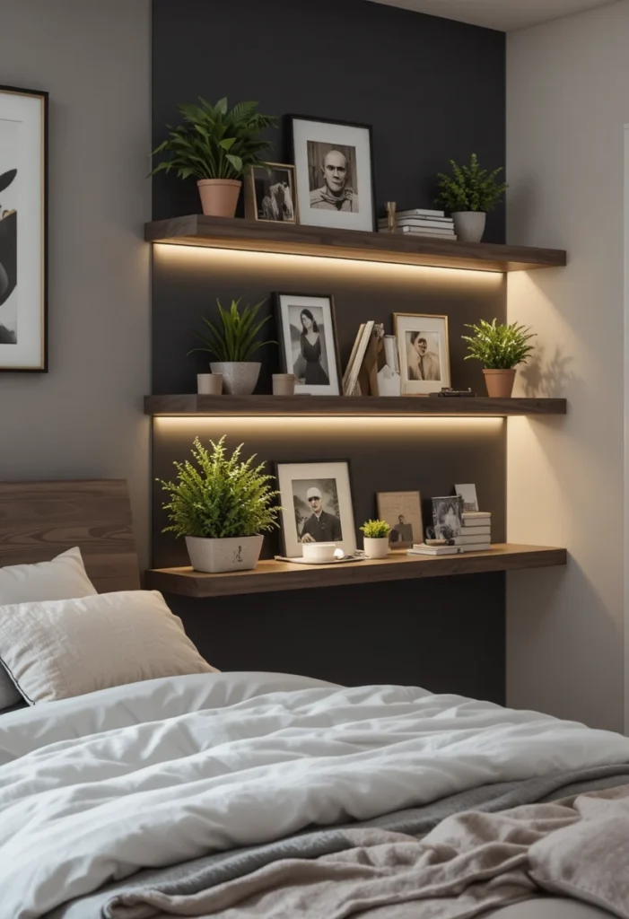 LED lights bedroom ideas with glowing floating shelves decor