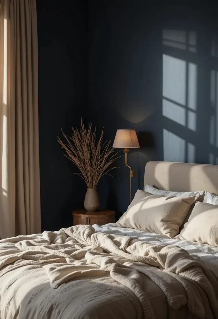 deep navy moody bedroom ideas with soft glow lighting and cozy feel