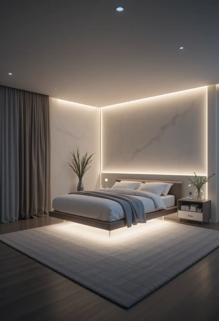 under bed LED lighting creating floating modern bedroom effect